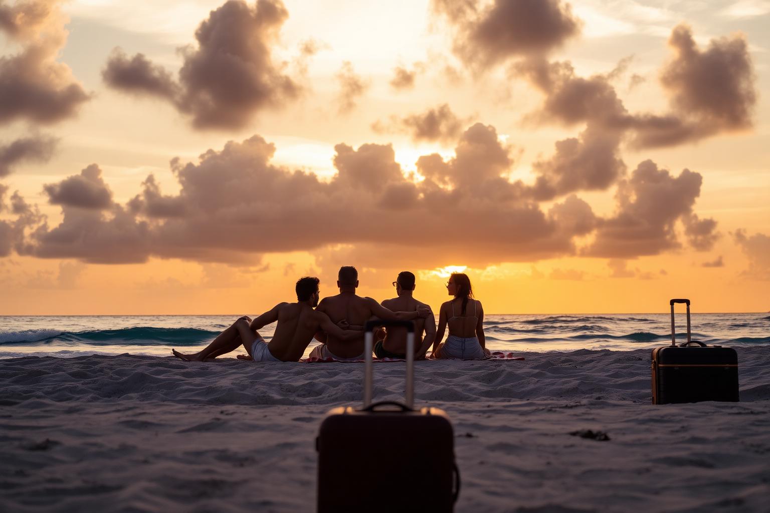 A family together on a beach at sunset