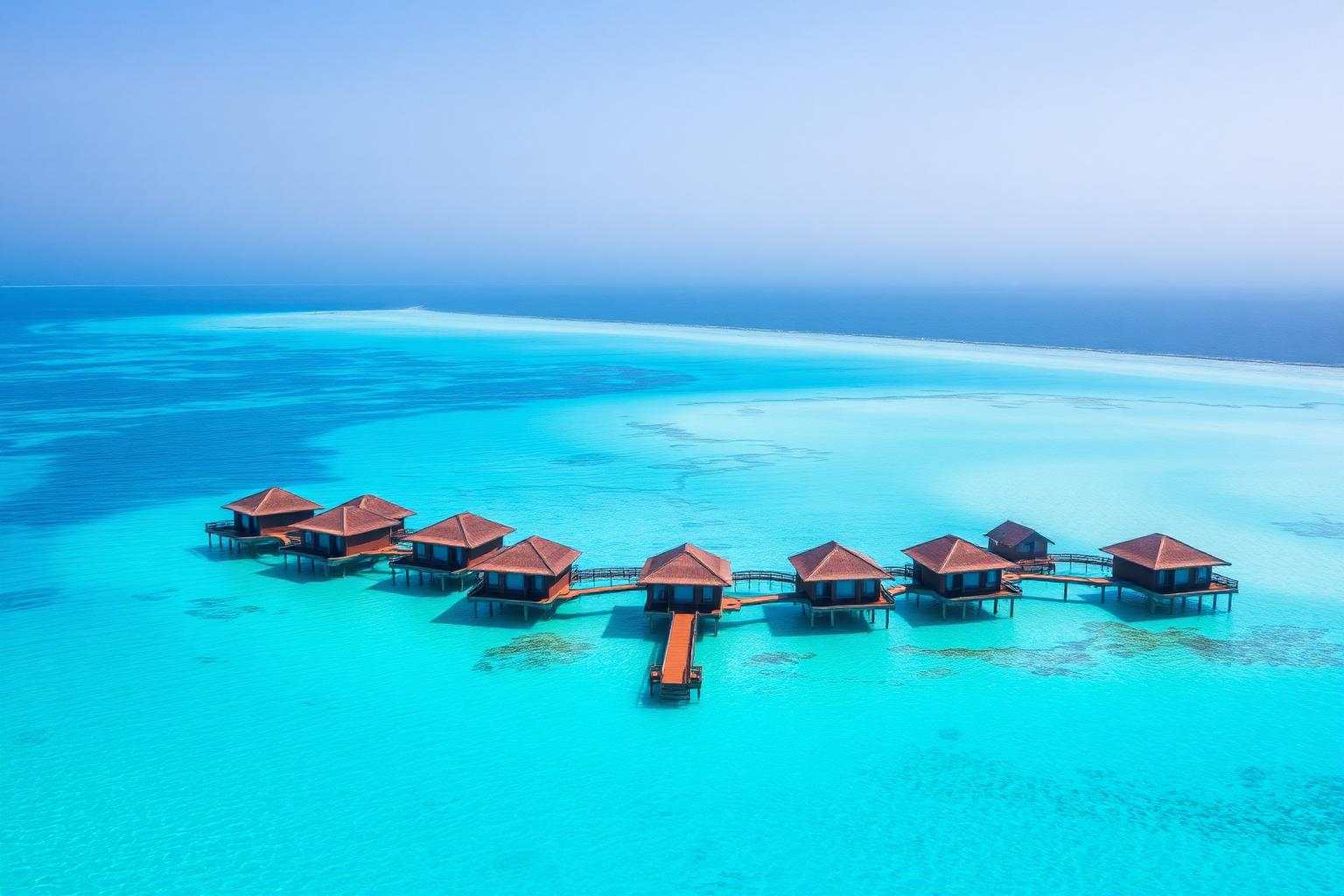 Aerial view of Maldives water villas