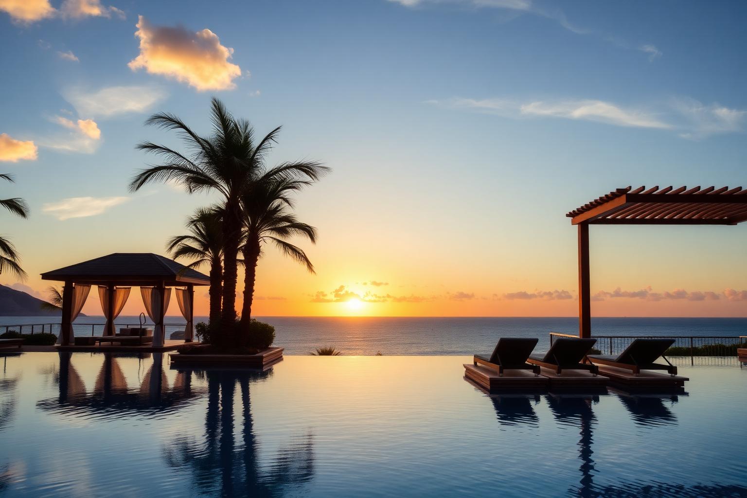 Infinity pool at a luxury resort at golden hour