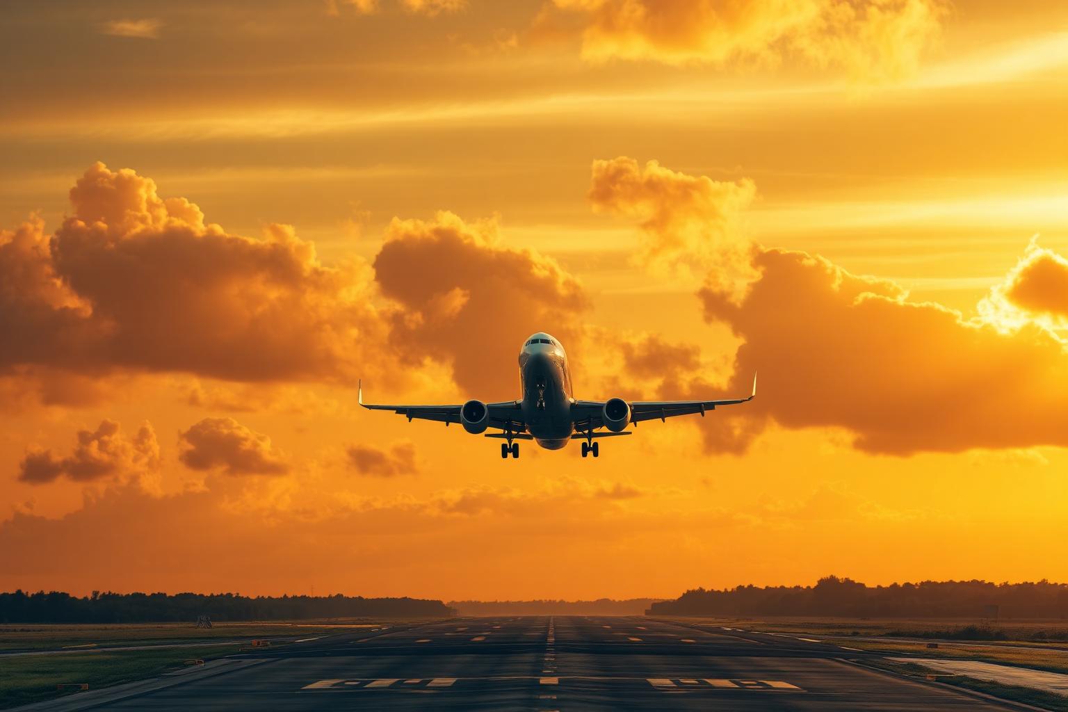 Aircraft taking off at sunset